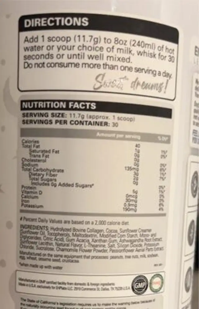 Oxysleep nutrition facts table
