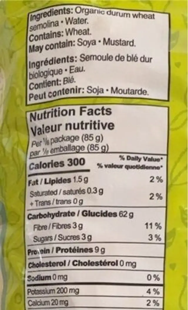 Rotini nutrition facts table