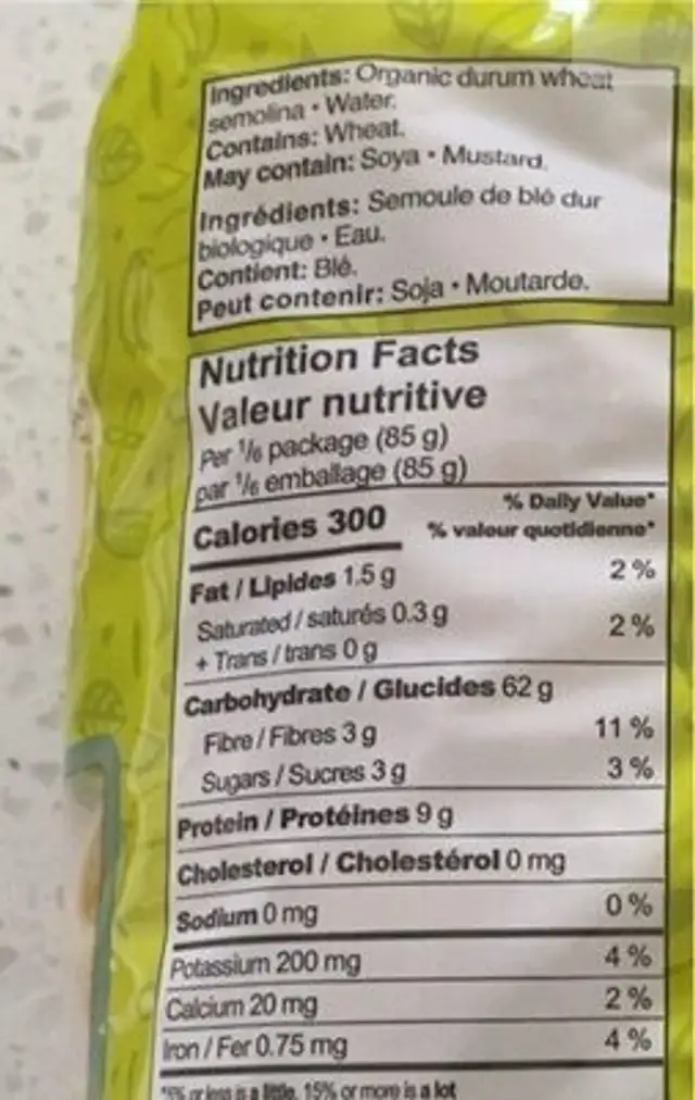 farfalle nutrition facts table