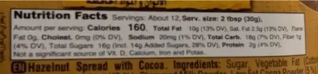 Sarelle Hazelnut Spread With Cocoa nutrition facts table