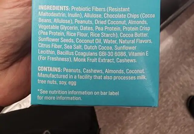 Chocolate chip cookie dough ingredients label