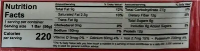 Protein Bar Plant based nutrition facts table