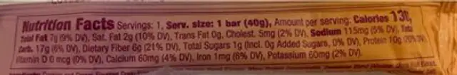 Cookies and Cream nutrition facts table
