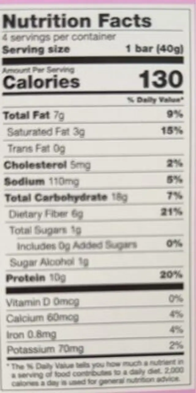 S’mores cereal bar nutrition facts table