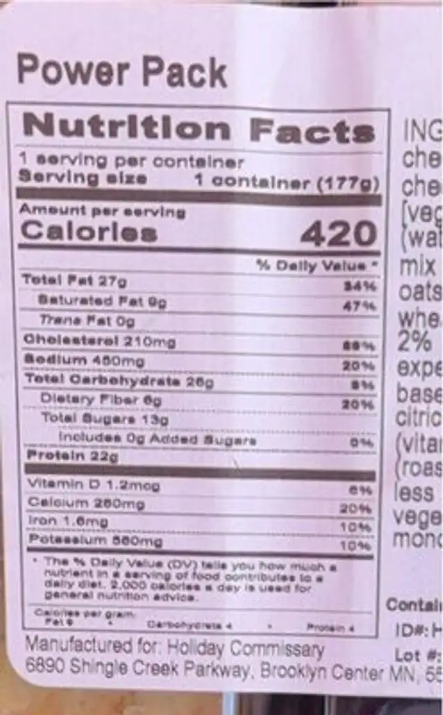 Power Pack nutrition facts table