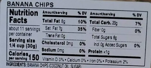 Banana chips nutrition facts table
