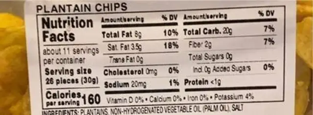 Plantain chips nutrition facts table