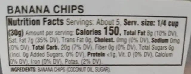 Ava's Banana Chips nutrition facts table