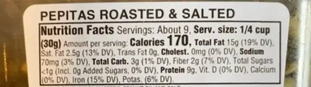 Pepitas roasted and salted nutrition facts table