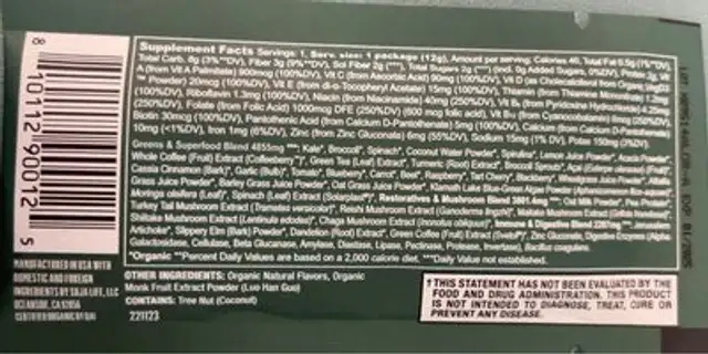 Organic greens nutrition facts table