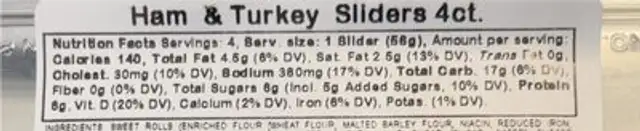 Ham & Turkey Slider nutrition facts table