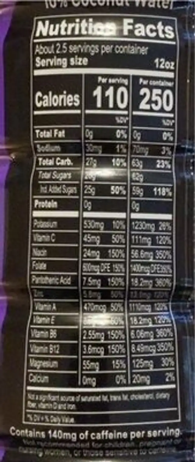 Grape BodyArmor nutrition facts table