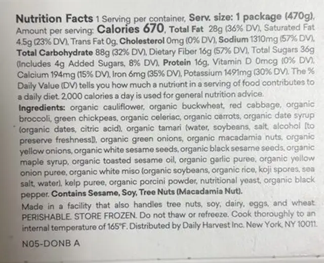 Red cabbage & buckwheat donburo nutrition facts table