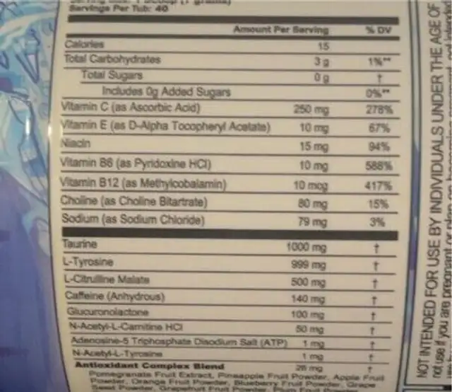 G FUEL Energy Formula Blue Ice nutrition facts table