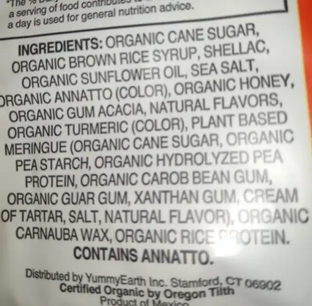 Organic candy corn ingredients label