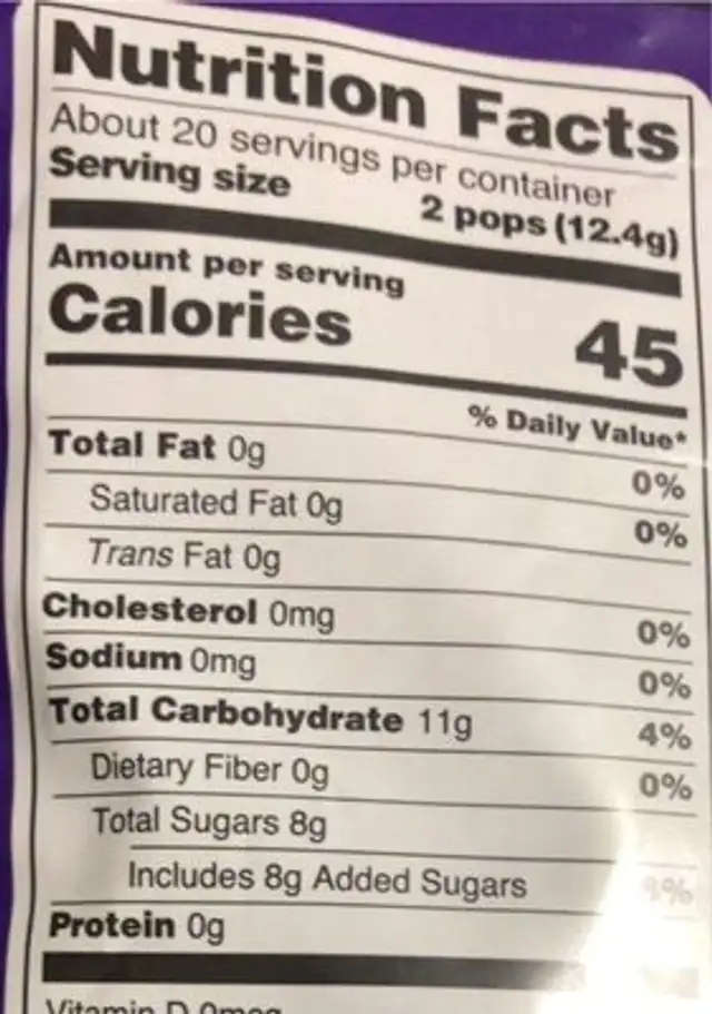 Organic Pops - Pomegranate, Watermelon, Strawberry, Grape, Cherry, Peach, Raspberry, Mango nutrition facts table