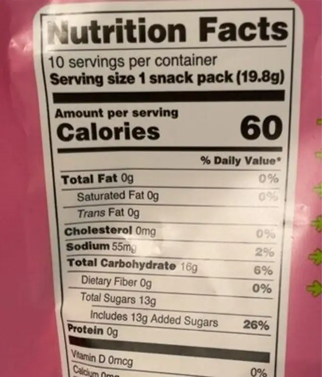 Gummy Fruits nutrition facts table