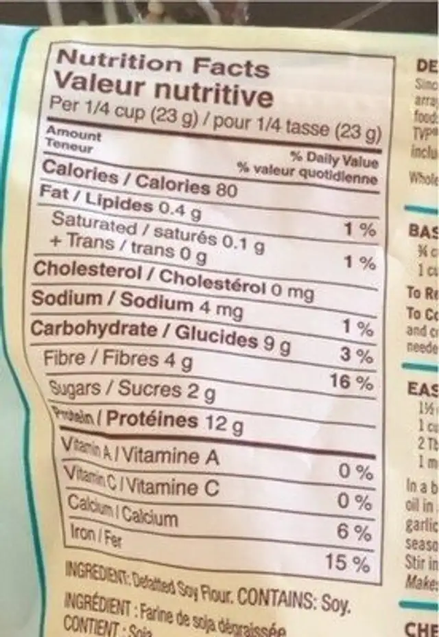 Proteine vegetale texturée nutrition facts table