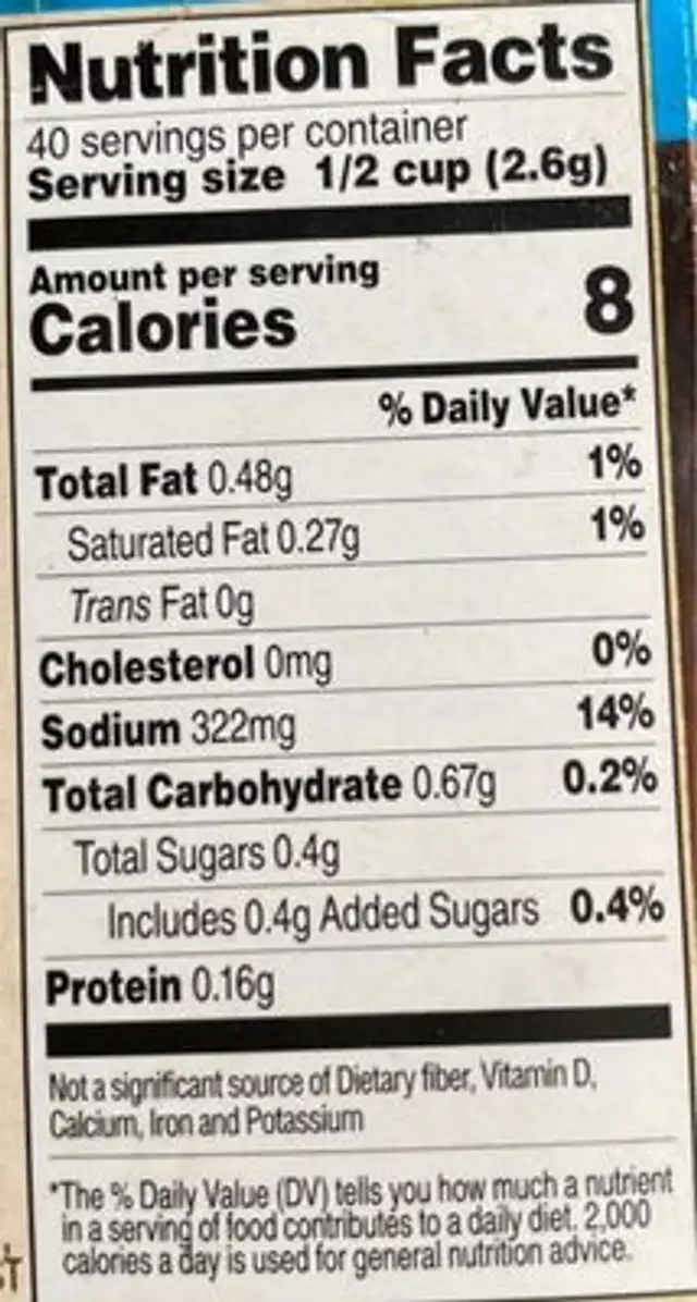 Stock tube vegetable nutrition facts table