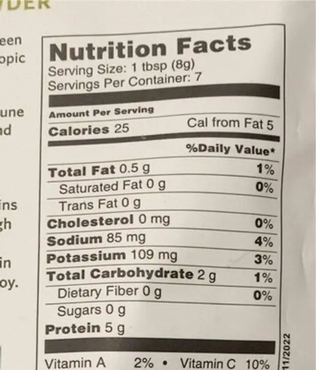 Spirulina Powder nutrition facts table