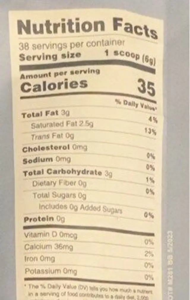 Keto Creamer Vanilla nutrition facts table