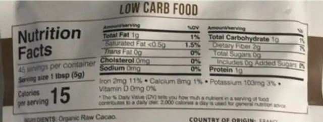 Raw Cacao Powder nutrition facts table