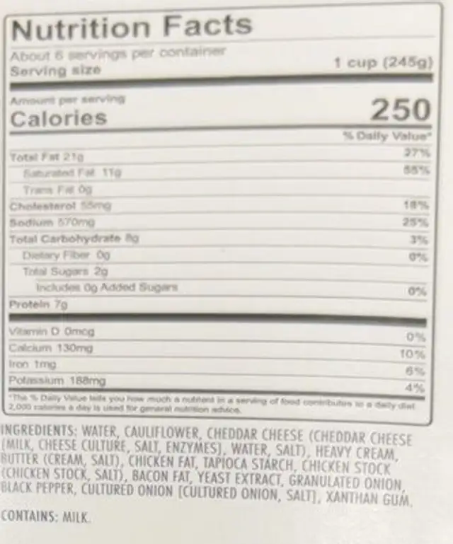 Keto Cauliflower Cheddar Soup nutrition facts table