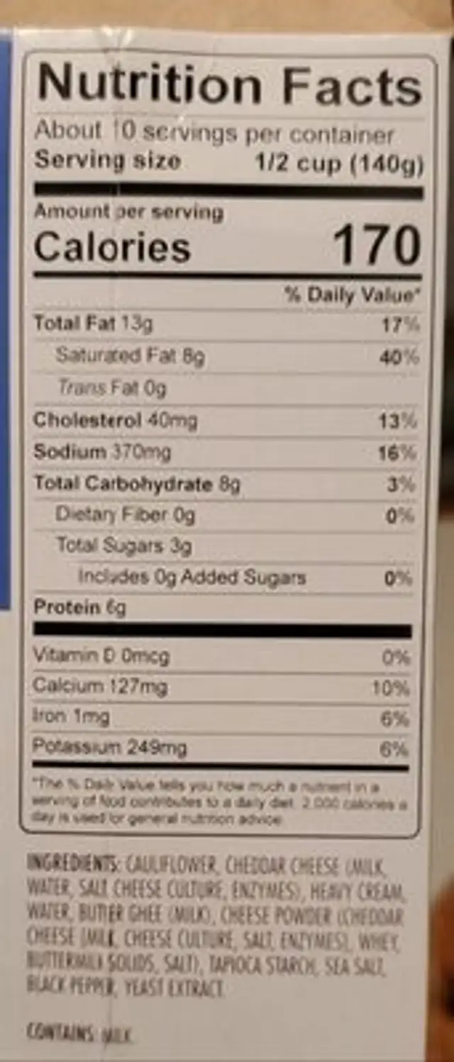 keto mashed cauliflower nutrition facts table