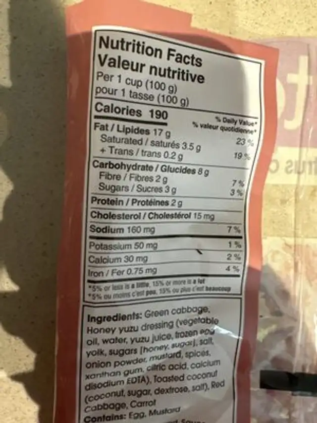 Honey Yuzu Coleslaw nutrition facts table