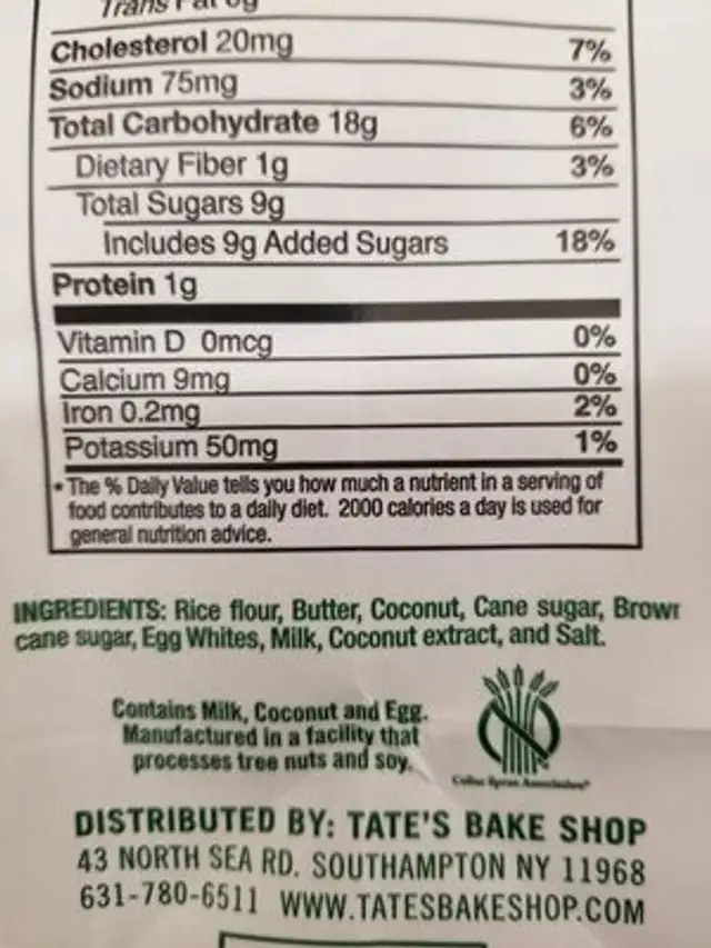 Gluten free coconut crisp cookies ingredients label