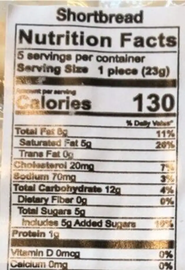 shortbread cookies nutrition facts table