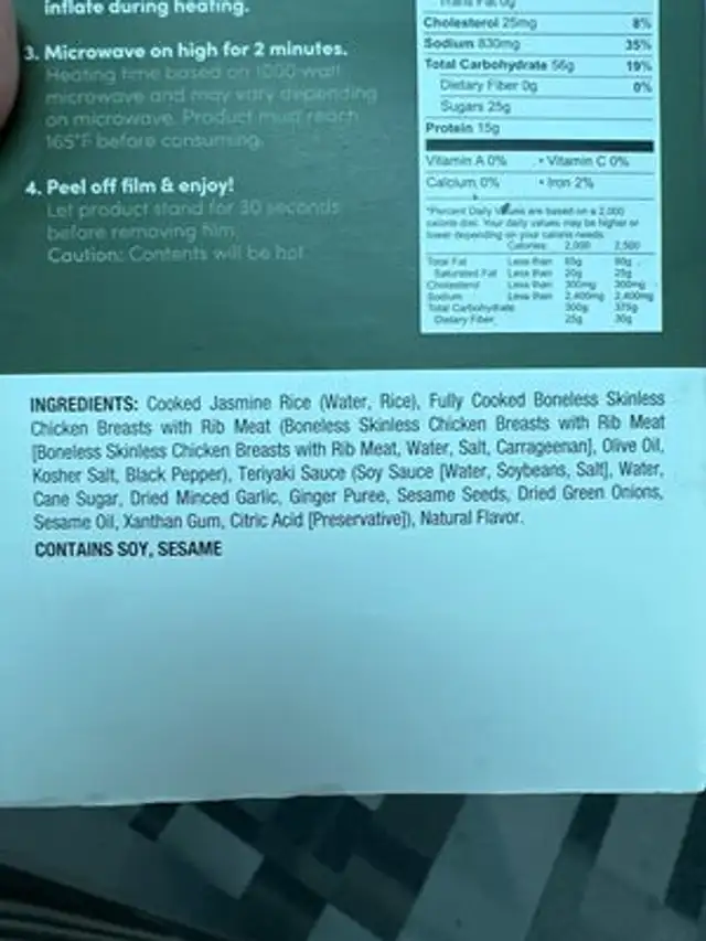 Teriyaki chicken with rice ingredients label