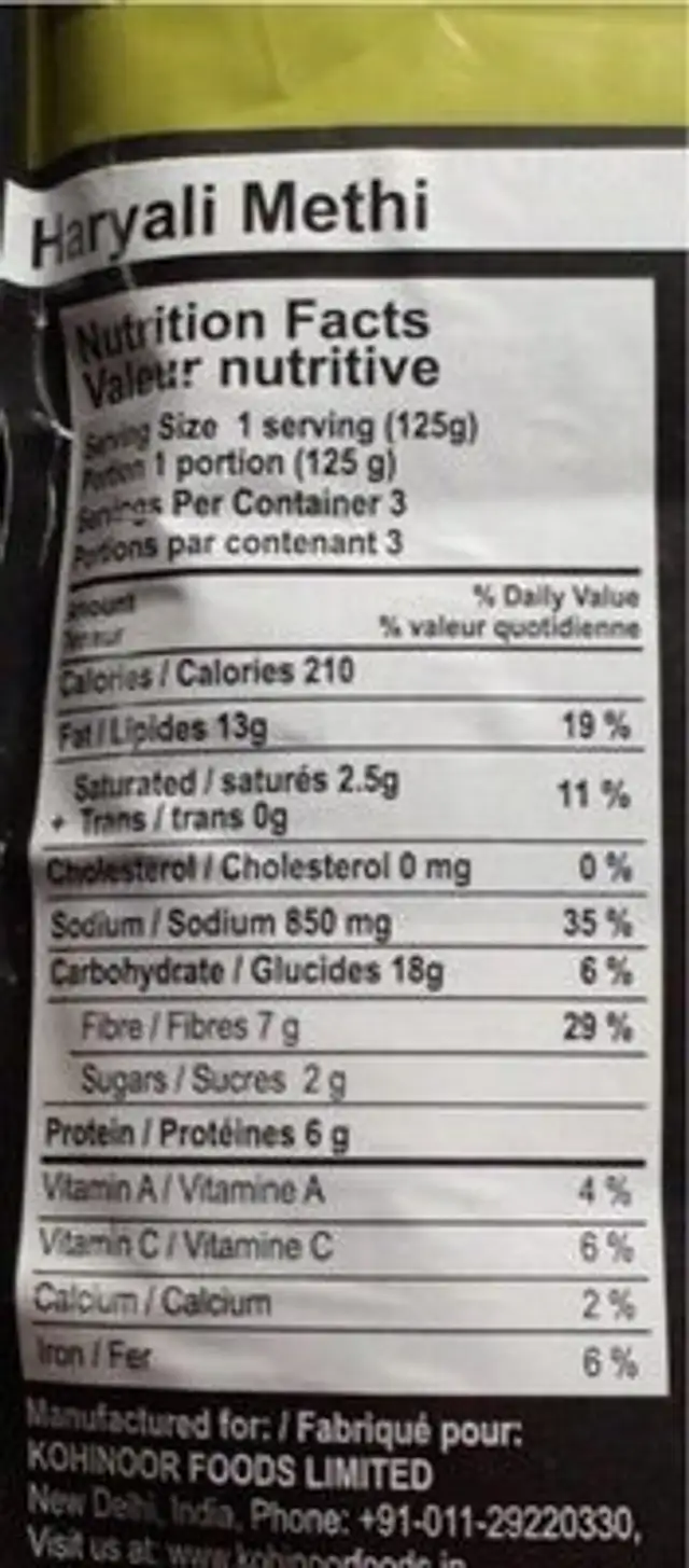 Haryali methi nutrition facts table