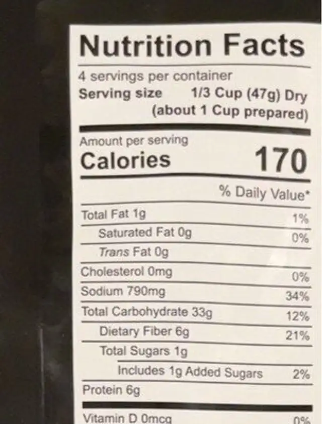 Black Beqn Soup nutrition facts table