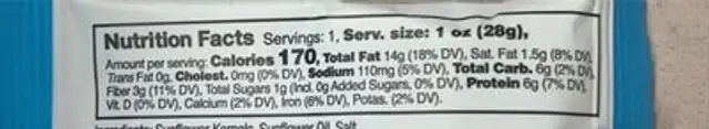 Zee Zees Roasted Sunflower Kernels nutrition facts table