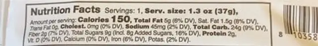 Zee Zee’s Blueberry Lemon Soft Baked Bar nutrition facts table