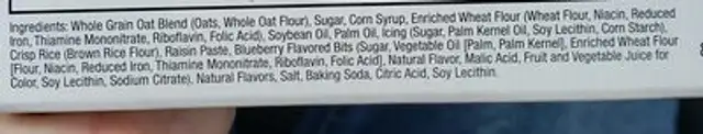 Soft bar ingredients label