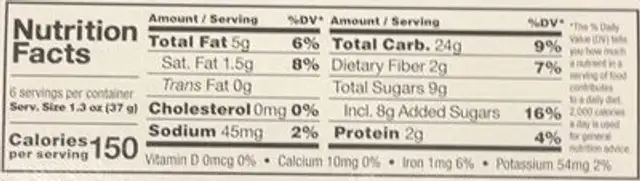 Soft bar nutrition facts table