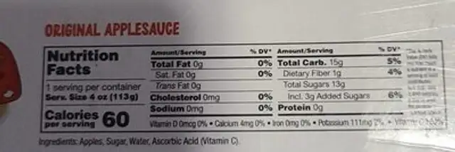 Applesauce nutrition facts table