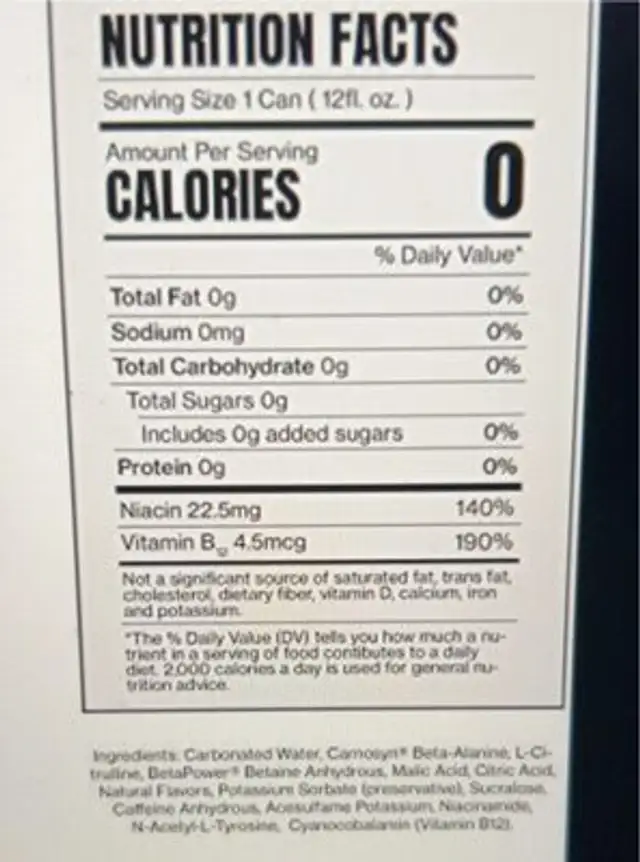 C4 Energy nutrition facts table