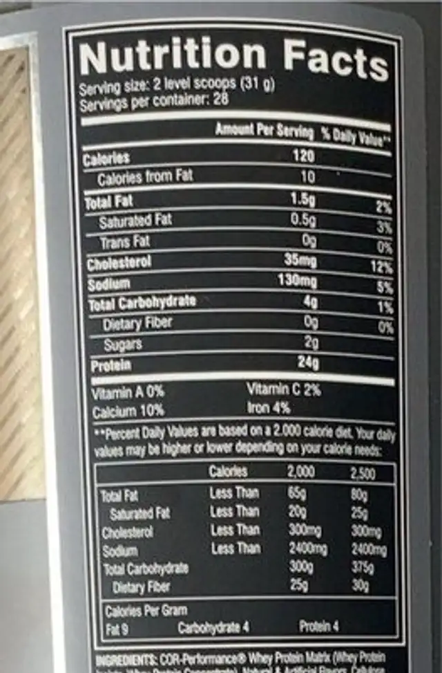 Fast Digesting Whey Protein nutrition facts table