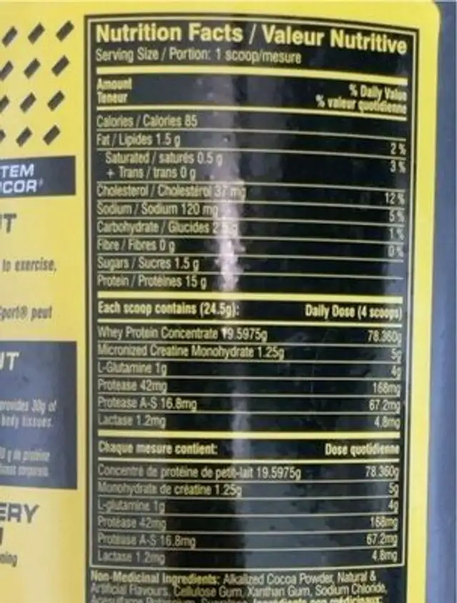 WHEy sport complete performace nutrition facts table