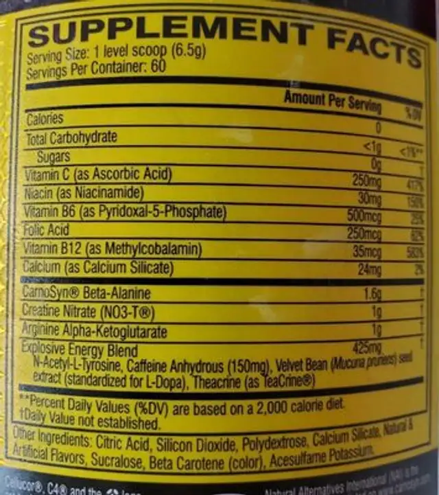 C4 Original Pre-Workout Orange Burst nutrition facts table