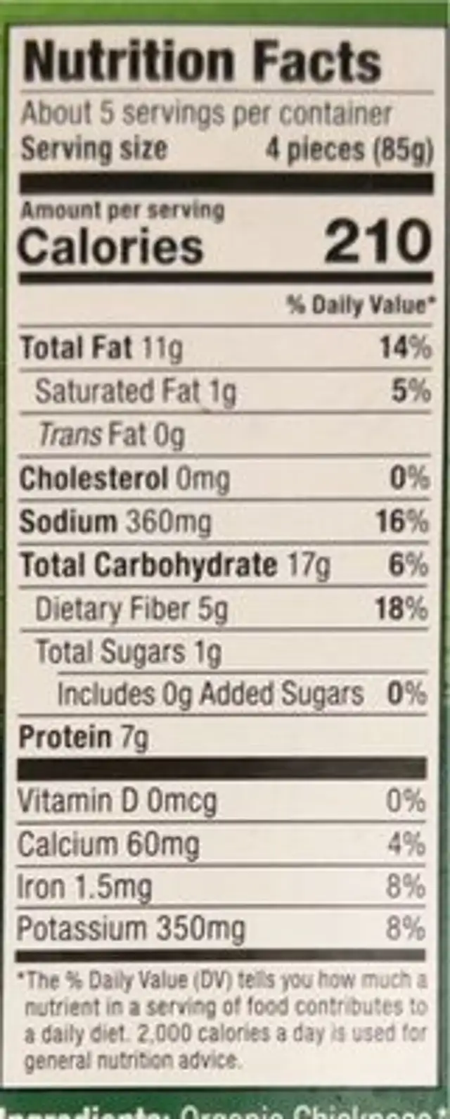 Extra Green Falafel nutrition facts table