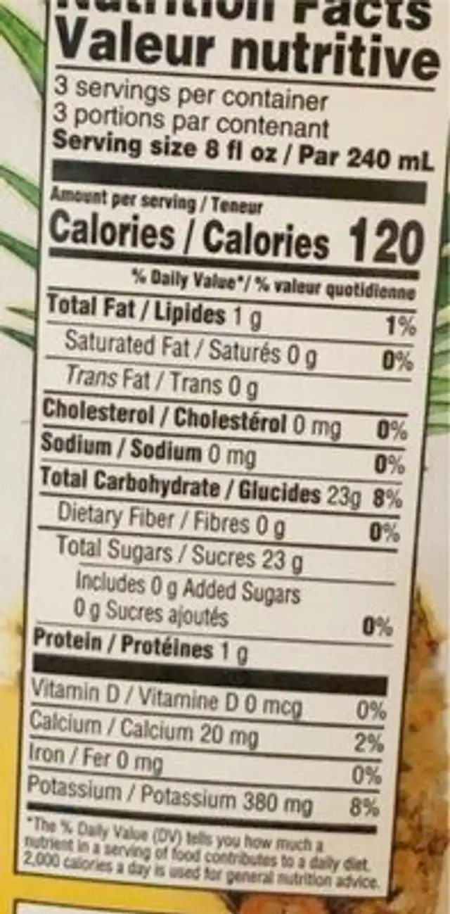 Pineapple Juice nutrition facts table