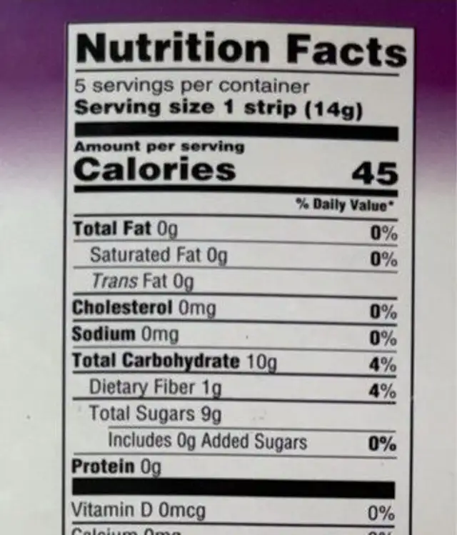 Fruit strips nutrition facts table