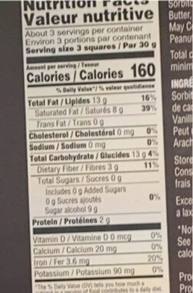 Dark chocolate 70% nutrition facts table