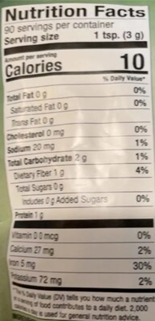 Organic Fermented Greens nutrition facts table