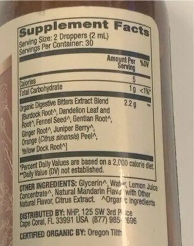 Organic Digestive Bitters nutrition facts table