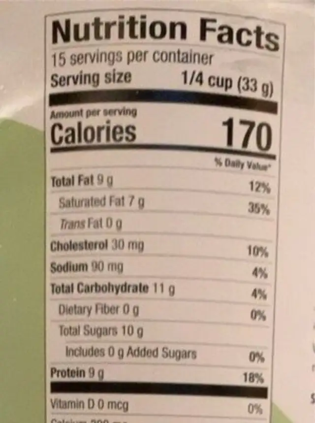 Organic A2 dry whole milk nutrition facts table